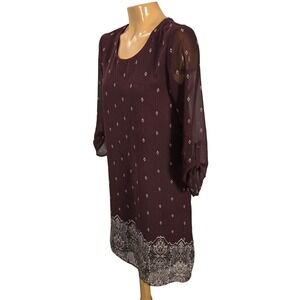 Maurices XSmall Dress Maroon Diamond Print Sheer Sleeve Lace Back Boho Chic Fall